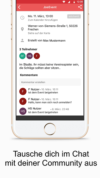SportJoe Sport event chat freunde einladen