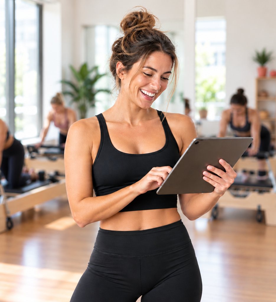 Trainerin im Pilates-Studio prüft den Kursplan in Odoo auf dem Tablet