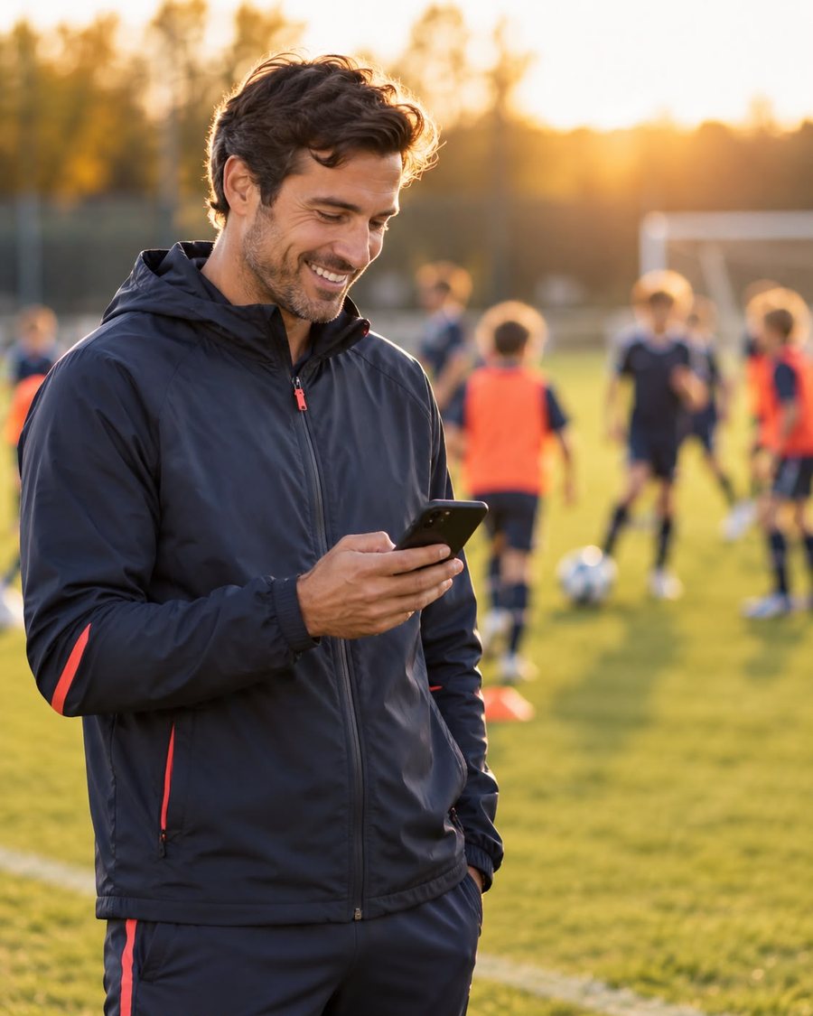 Jugendtrainer am Spielfeldrand plant das Training mit der Vereinsapp auf dem Smartphone